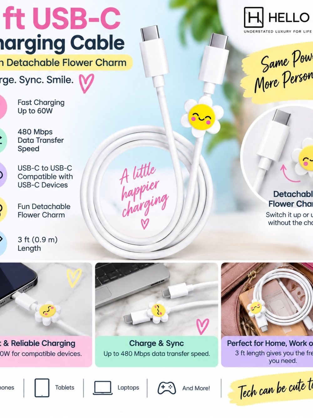 Hello White USB-C to USB-C Charging Cable with Detachable Flower Charm
